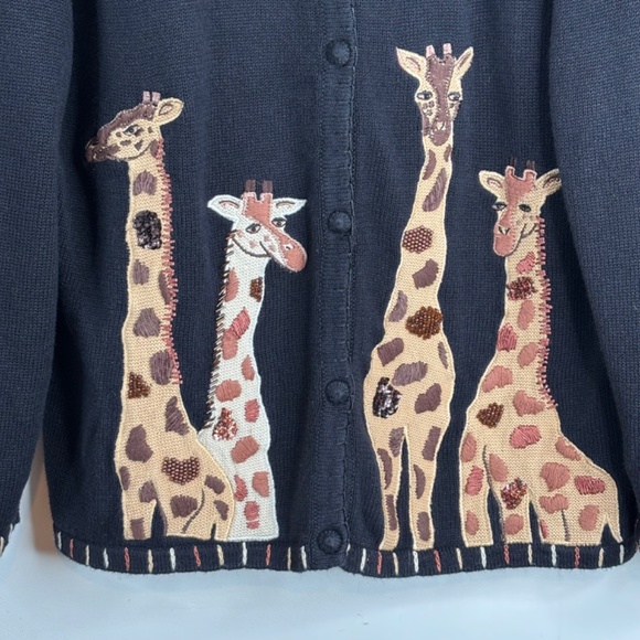 Quacker Factory Giraffe Embroidered Cardigan L Black Whimsigoth Art Boho Safari - Picture 2 of 10